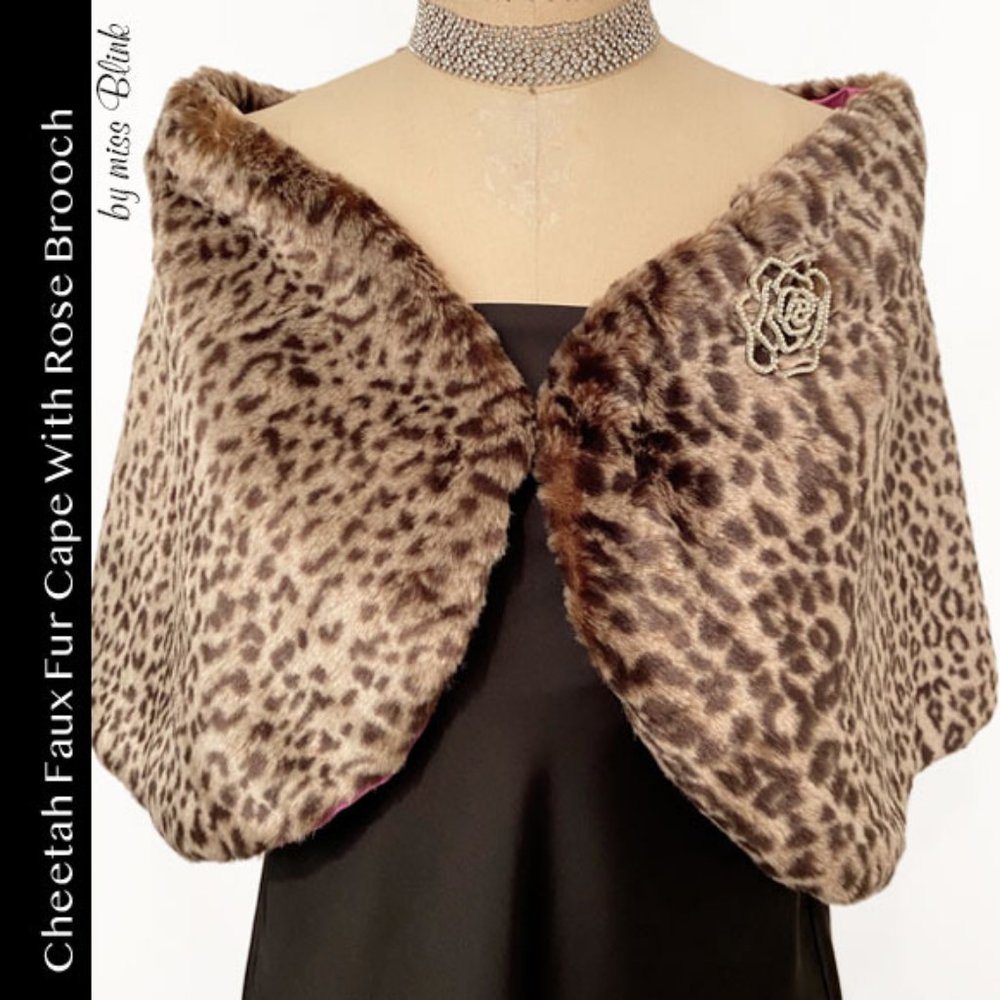 Cheetah Faux Fur Cape With Brooch Size S/M